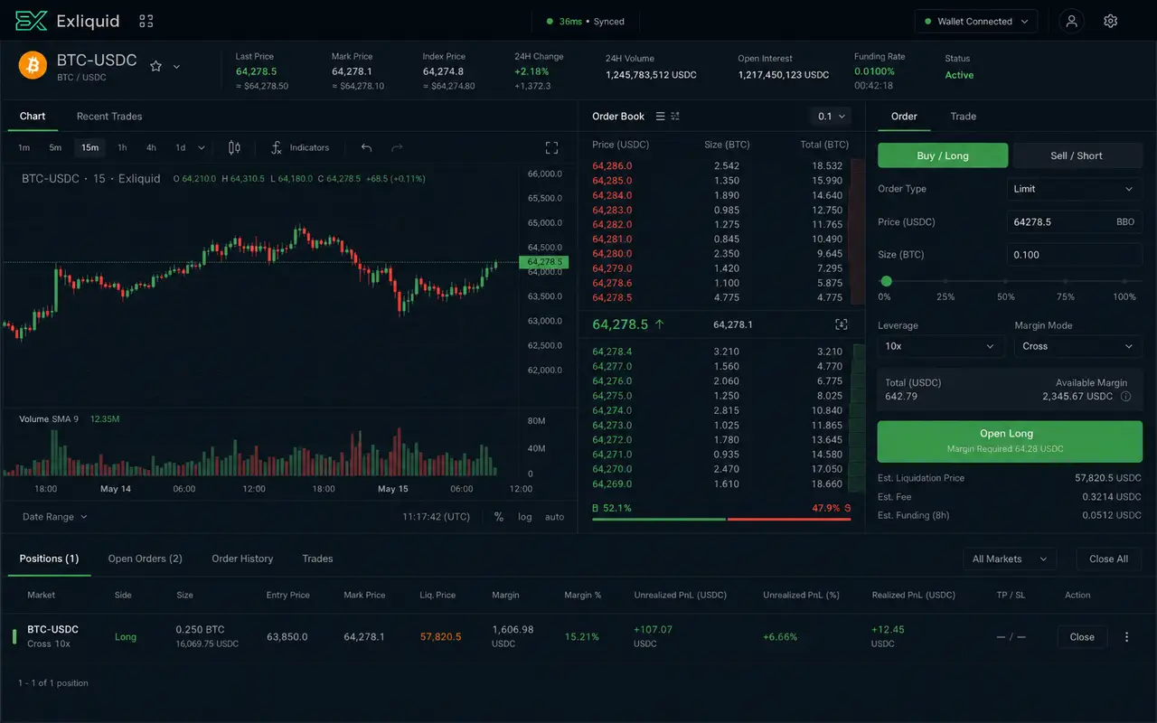 Exliquid market interface preview from the public testnet environment, showing an order book, chart area, order entry and market-data panels.